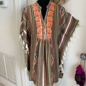 Embroidered Tassel Mini Dress in Brown with Pink Accent